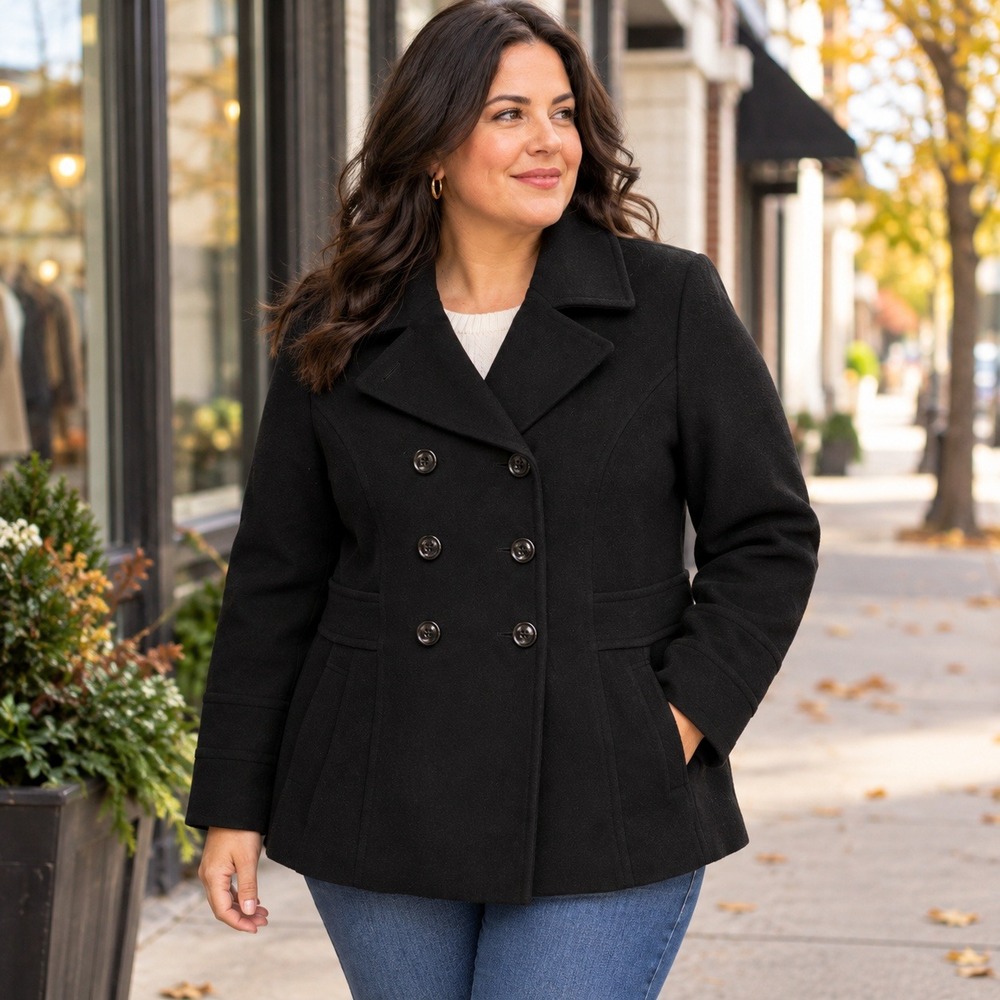 St. John's Bay Women's 1X Black‎ Cashmere-Blend Pea Coat Double Breasted